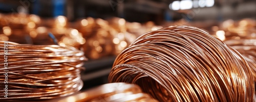 Large copper wire coils lying in metal industry storage photo