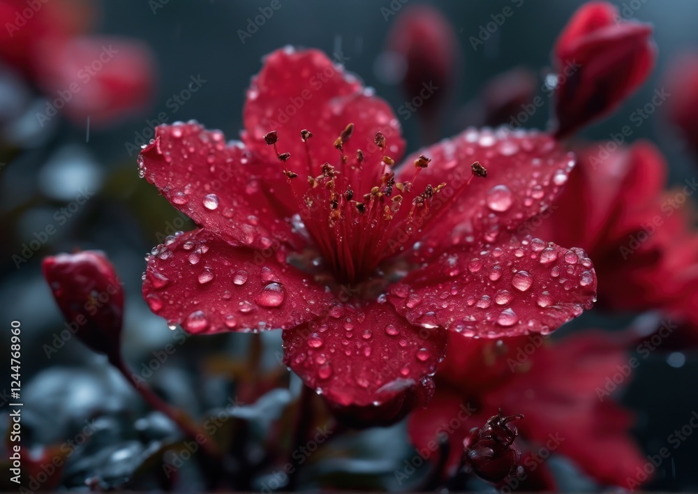 Red Azalea in the Rain. Perfect for nature themed projects, botanical illustrations. Red Azalea in the Rain. Perfect for nature themed projects, botanical illustrations.