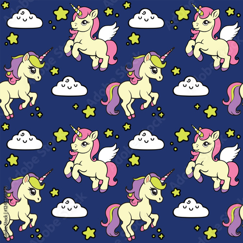 Cute unicorns and pegasus seamless pattern. Cartoon children illustration. Clouds and stars