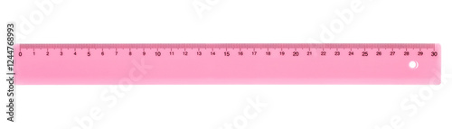 Pink ruler plastic transparent isolated on white background, with clipping path, top