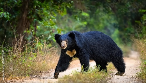 Striking Sloth Bear in Ranthambore National Park, India, Caught in a Moment of Serene Wildlife Interaction amidst Forest Greenery and Boulders photo