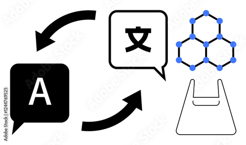 Speech bubbles with letters, double arrows, molecular structure, and bag outline. Ideal for language translation, technology, science, communication global interaction education research. Abstract