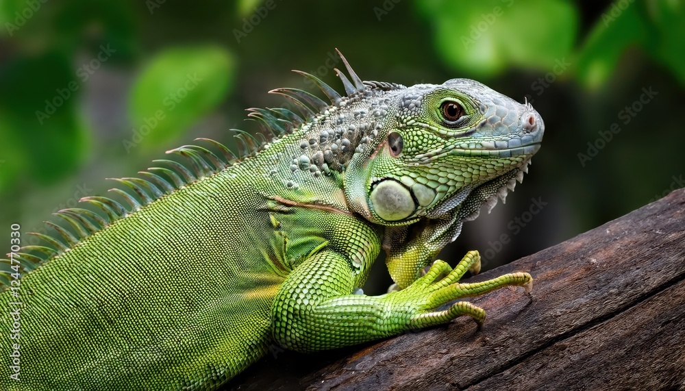 Vivid Closeup of a Small Green Iguana with Detailed Scales and Expressive Eyes in a Tropical Setting, Showcasing Exotic Beauty and Wildlife Diversity Vivid Closeup of a Small Green Iguana with Detailed Scales and Expressive Eyes in a Tropical Setting, Showcasing Exotic Beauty and Wildlife Diversity