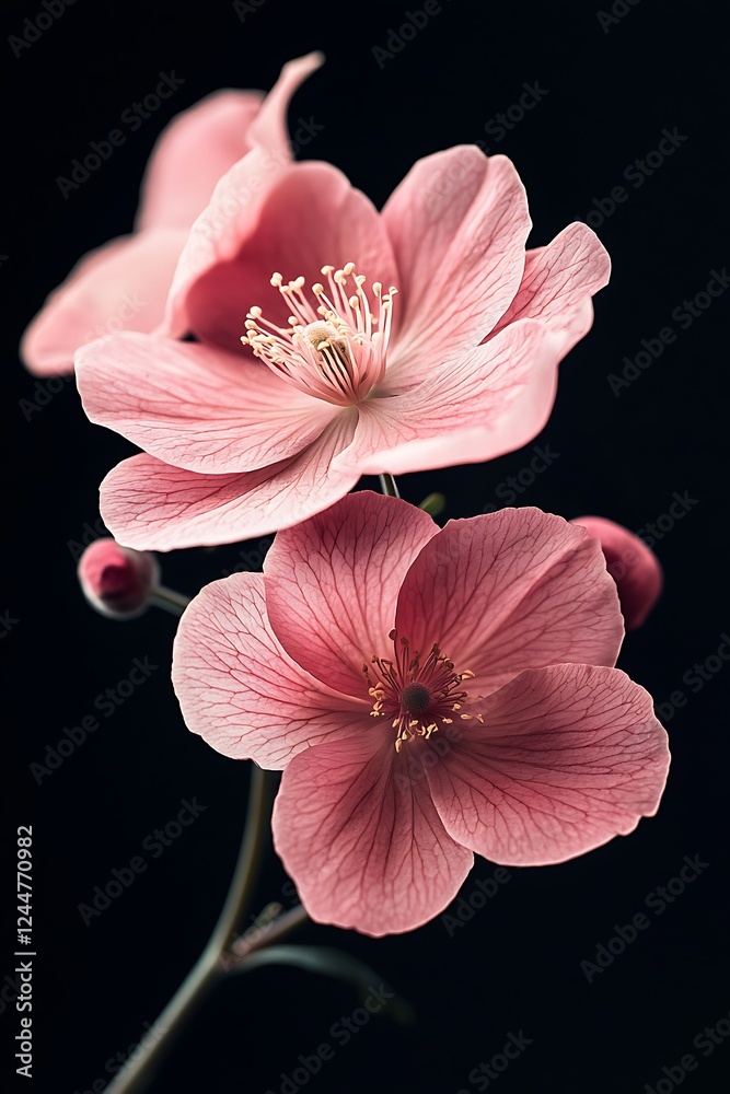 Delicate pink flowers presented on a stark black background, creating a bold and beautiful contrast that emphasizes the softness and vibrant color of the blooms.