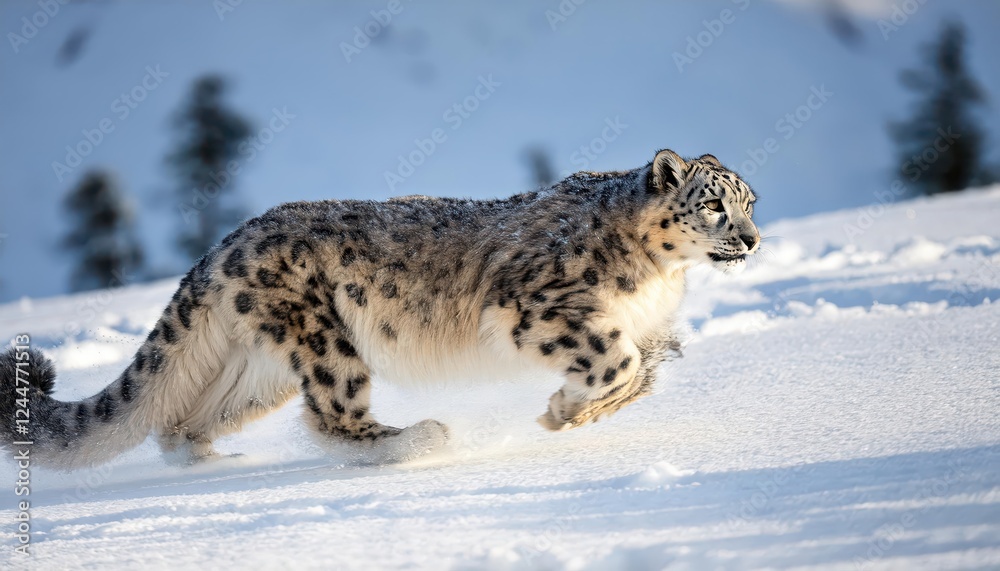 Fleetfooted Uncia Uncia, the Enigmatic Snow Leopard, Gracefully Navigates a Winter Wonderland in Stark Contrast to the Pristine White Landscape Fleetfooted Uncia Uncia, the Enigmatic Snow Leopard, Gracefully Navigates a Winter Wonderland in Stark Contrast to the Pristine White Landscape