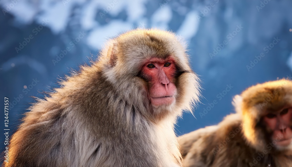 Naklejka premium Playful Snow Monkeys Amidst a Winter Wonderland in Nagano, Japan Charming Macaques Frolicking and Interacting with Visitors in a Serene SnowCovered Landscape