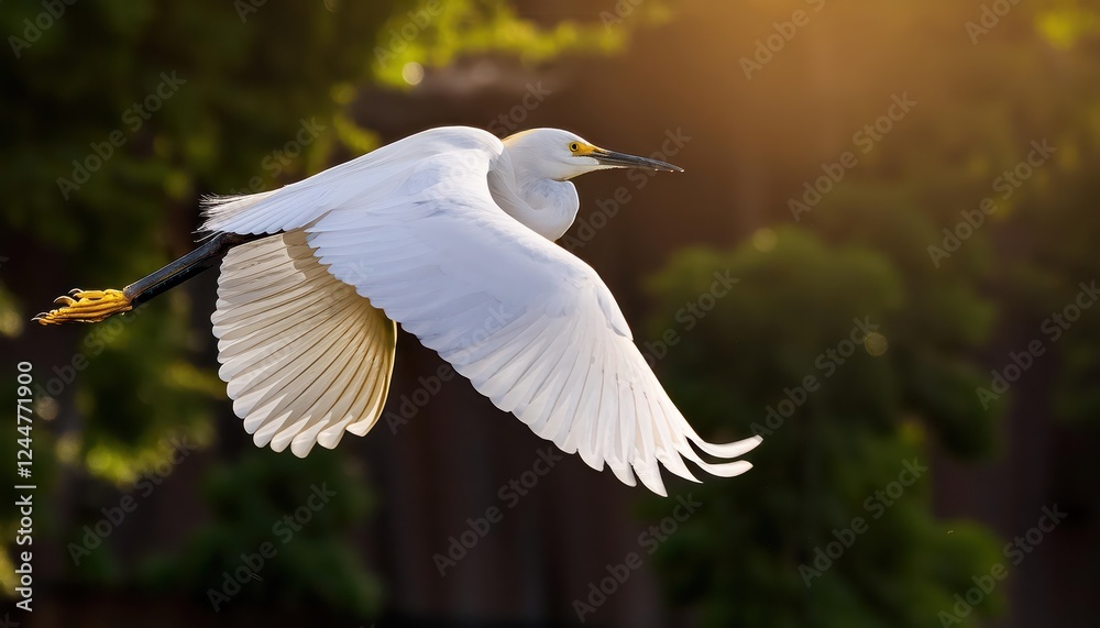 Graceful Snowy Egret Soaring over Frosty Wetlands, Showcasing Feathery Splendor and Majestic White Plumage Amidst a Winter Wonderland Graceful Snowy Egret Soaring over Frosty Wetlands, Showcasing Feathery Splendor and Majestic White Plumage Amidst a Winter Wonderland