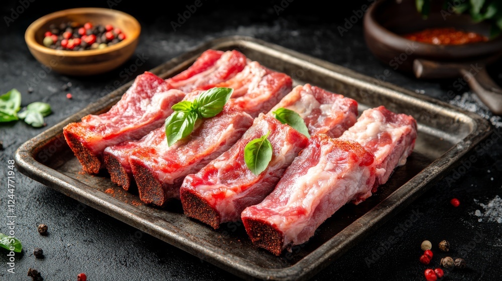 Fresh Raw Ribs on Baking Tray with Spices and Basil Leaves Fresh Raw Ribs on Baking Tray with Spices and Basil Leaves