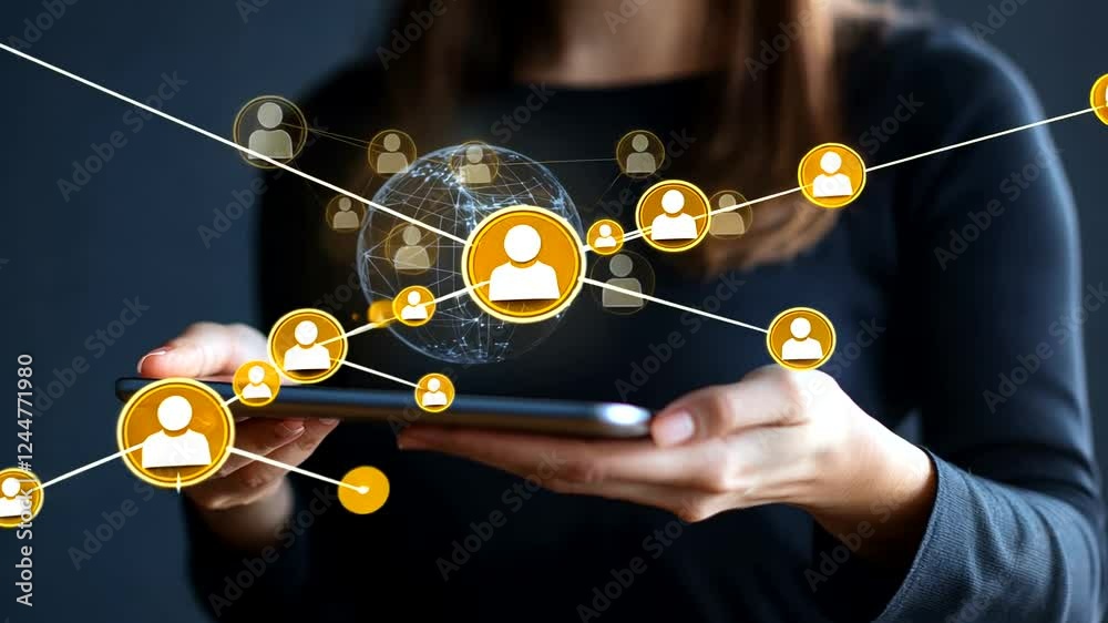 Woman connects global network on tablet