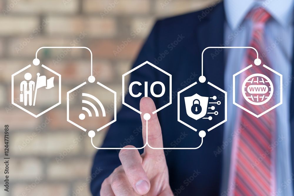 Business person using virtual touch screen clicks acronym: CIO. CIO - Chief Information Officer or Chief Investment Officer Business Technological concept.