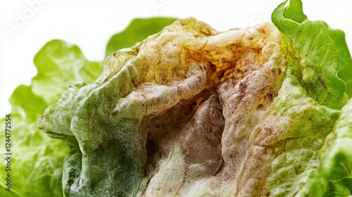 Decomposition of Lettuce: Close-up shot of a spoiled lettuce head, illustrating decay and changes, showing various textures.