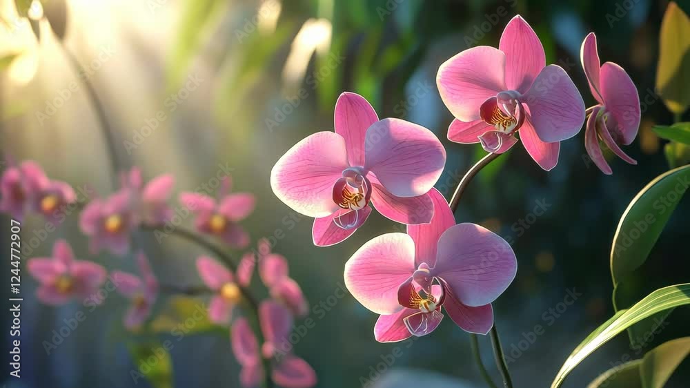 Morning sunlight illuminates vibrant pink orchids gently swaying in garden breeze
