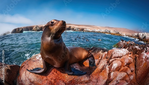 Striking South American Sea Lion Otaria byronia Encounter at Ballestas Islands, Peruvian Coastline in a Gloomy Yet Vibrant Mood, Showcasing the Majestic Creature Amidst Rocks and Waves. photo