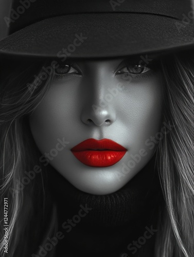 A woman with a black hat and red lipstick