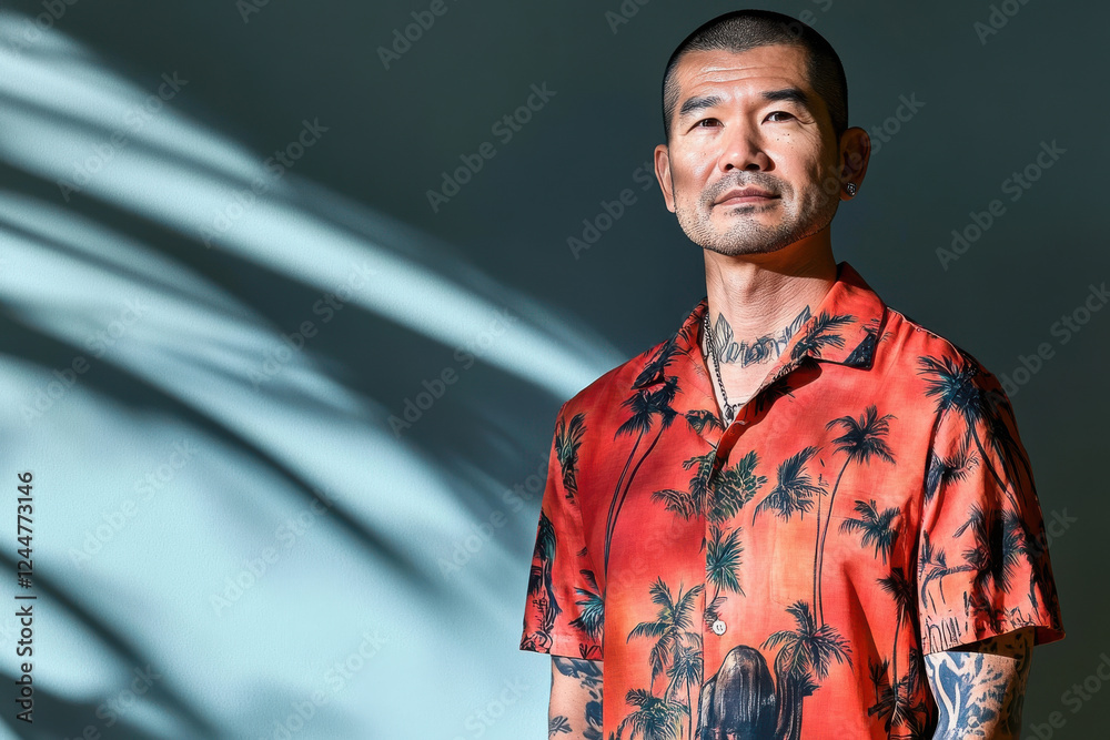 Portrait of a confident Asian man with tattoos wearing a red Hawaiian shirt, standing against a tropical shadow background