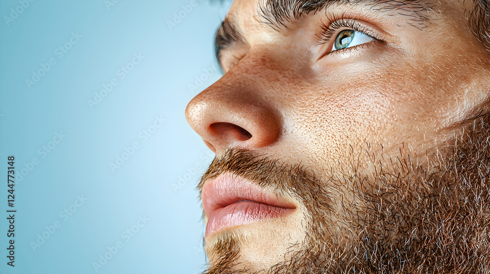 Obraz premium Man's face, thoughtful gaze, blue background, portrait