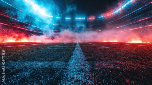 Dramatic American football stadium field enhanced with smoke and vibrant neon, ideal for dynamic sports-related graphics and designs.