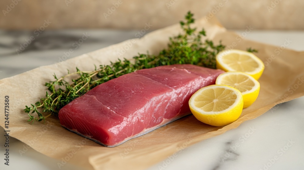 Fresh Tuna Fillet with Thyme and Lemon on Marble Background Fresh Tuna Fillet with Thyme and Lemon on Marble Background