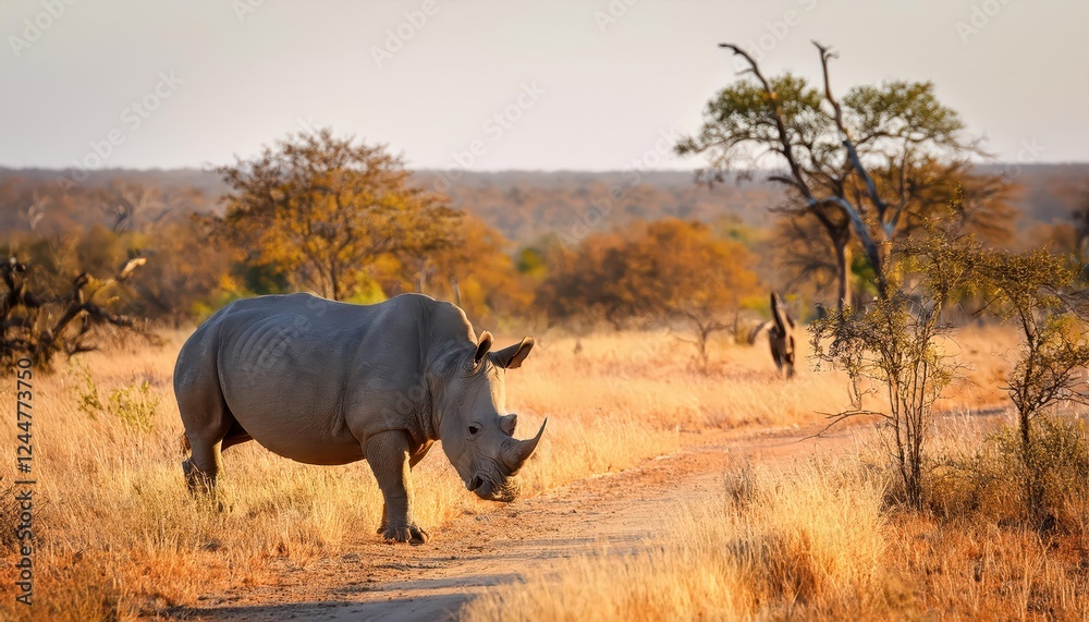 Striking Encounter with a Southern White Rhinoceros in the African Sunset, Kruger National Park, South Africa Moment Captured in the Heart of Wildlife Wonderland. Striking Encounter with a Southern White Rhinoceros in the African Sunset, Kruger National Park, South Africa Moment Captured in the Heart of Wildlife Wonderland.