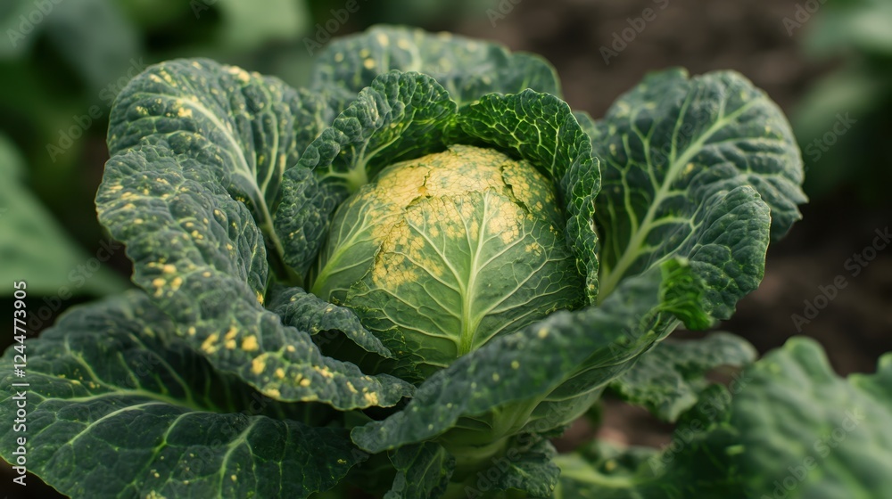 Fototapeta premium Cabbage Plant Close-up: A close-up shot of a vibrant green cabbage plant in a garden setting, showcasing its textured leaves and the central head, capturing the essence of fresh, organic produce.