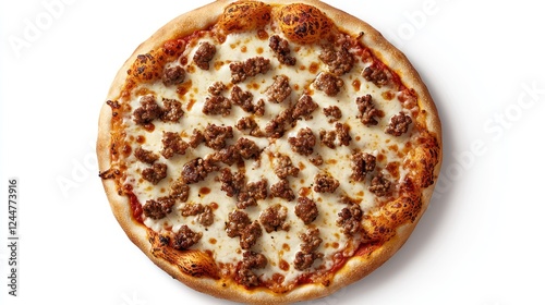 A round pizza topped with cheese and ground meat on a golden crust.