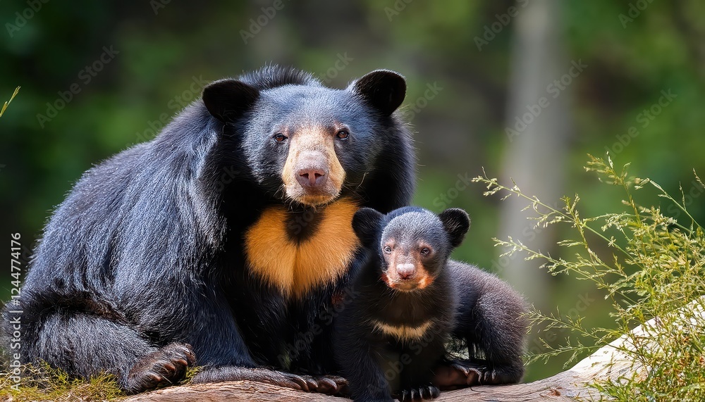 Adorable Spectacled Bear Mother Tends to Cub in Lush Green Amazon Rainforest, Showcasing Gently Lit Wilderness and Natural Bonding Moment Adorable Spectacled Bear Mother Tends to Cub in Lush Green Amazon Rainforest, Showcasing Gently Lit Wilderness and Natural Bonding Moment