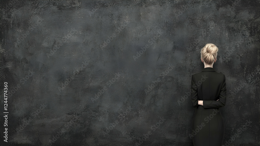 Woman facing textured wall, arms crossed, planning future Woman facing textured wall, arms crossed, planning future