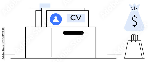 Business folder with CV, dollar bag, and shopping bag symbolizing job hiring, financial growth, and shopping. Ideal for hiring, recruitment, finance business shopping investment e-commerce. Line