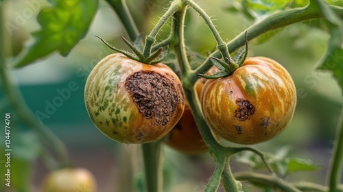 Tomato Blight: Two ripening tomatoes, marred by a dark, spreading blight, cling to the vine.  A close-up showcasing the destructive impact of plant disease. 