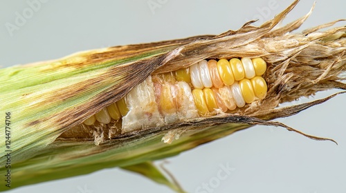 Corn Ear Rot: Close-up detail of a corn cob affected by ear rot, showcasing the discoloration and decay of the kernels.  A stark image highlighting agricultural challenges. photo