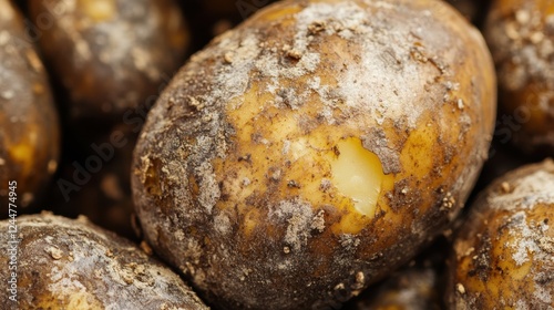 Dirty Potatoes: Close-up view of several freshly harvested potatoes, their skins still covered in soil and showing some minor blemishes. The image emphasizes the raw, unwashed nature of the potatoes.