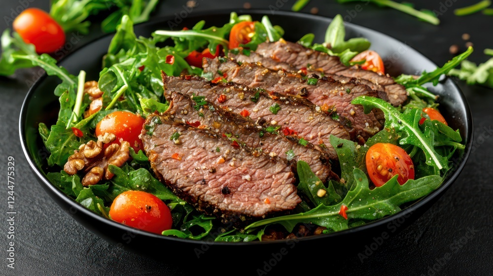 A delicious salad featuring sliced beef, cherry tomatoes, and arugula on a dark background. A delicious salad featuring sliced beef, cherry tomatoes, and arugula on a dark background.