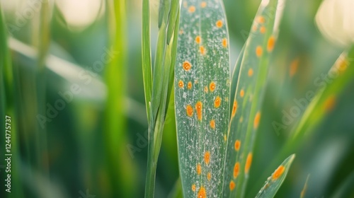 Disease on Plant: Close-up of a green plant leaves afflicted with a fungal disease, exhibiting spots of orange and white, showcasing the delicate balance of nature.