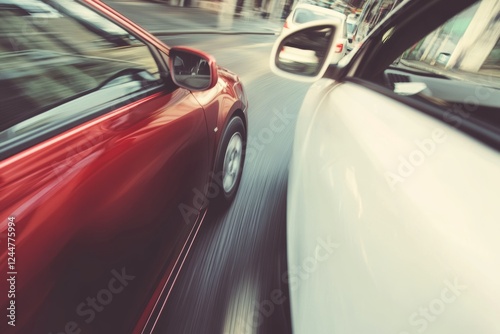 Dynamic urban driving experience captured on a busy street in a city during the afternoon rush hour photo