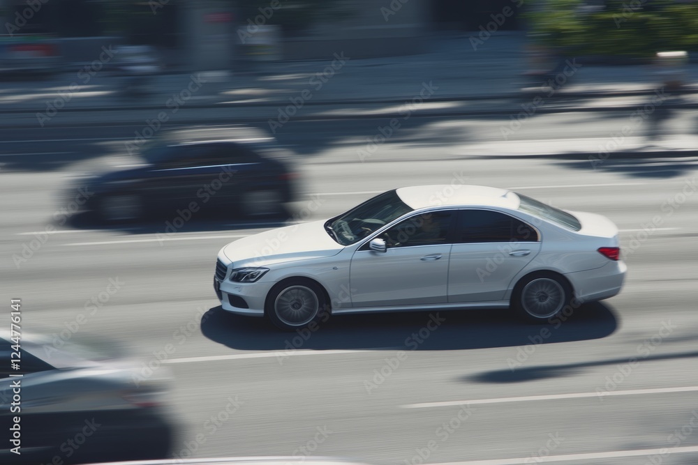 White car speeds through a busy city street during bright daylight in a vibrant urban setting White car speeds through a busy city street during bright daylight in a vibrant urban setting