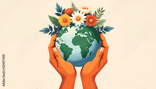 Hands holding Earth with flowers, watercolor, vibrant colors, environmental care