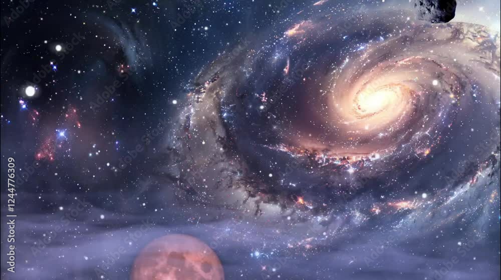 Beautiful cosmic landscape featuring a luminous spiral galaxy, countless stars, nebulae, and a red moon in deep space. Seamless looping time lapse 4k video animation background