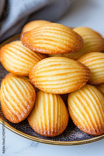 A plate of golden-brown madeleines arranged neatly, showcasing their textured surface.