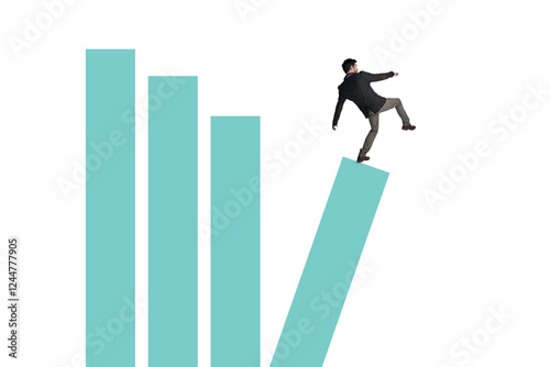 Finance, business man and fall on graph for economic crisis, investment fail and stock price drop. Cryptocurrency mistake, animation and trader on graphic chart with trading bad luck and profit loss