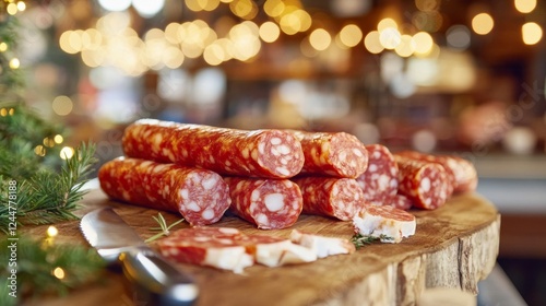 Freshly Sliced Charcuterie on Natural Wooden Board Background