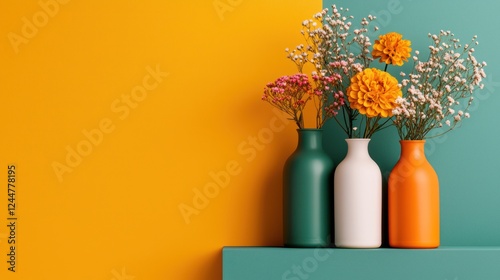 Three colorful vases with flowers against a vibrant orange and teal background.