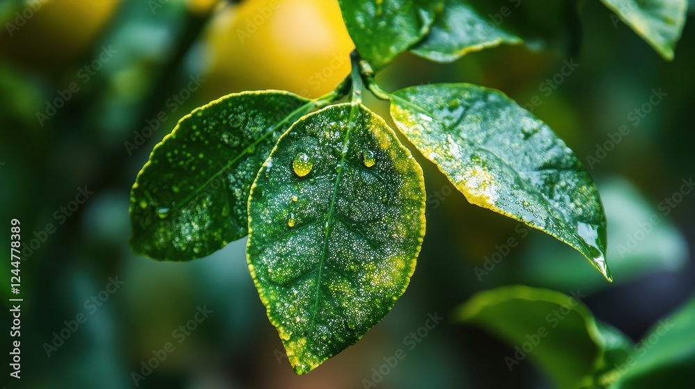 Dew-Kissed Lemon Leaves: A vibrant, close-up view of a lemon tree branch with lush green leaves glistening with morning dew. The droplets of water capture the essence of freshness and renewal. Dew-Kissed Lemon Leaves: A vibrant, close-up view of a lemon tree branch with lush green leaves glistening with morning dew. The droplets of water capture the essence of freshness and renewal.