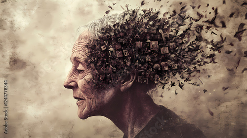 Alzheimer's disease: a chronic condition that progressively damages memory and thinking abilities, hindering the capacity to carry out basic tasks. Forgotten Languages & Glyphs. Illustration photo