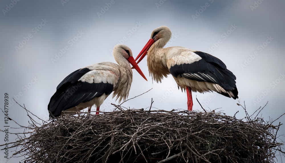 Fototapeta premium Imposing Stork Pair in Dramatic Monochrome against Bright Red Beaks, Caught in Black and White Serenity amidst a Vast Landscape