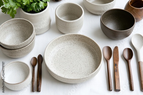 A collection of rustic ceramic bowls and wooden utensils arranged on a table.