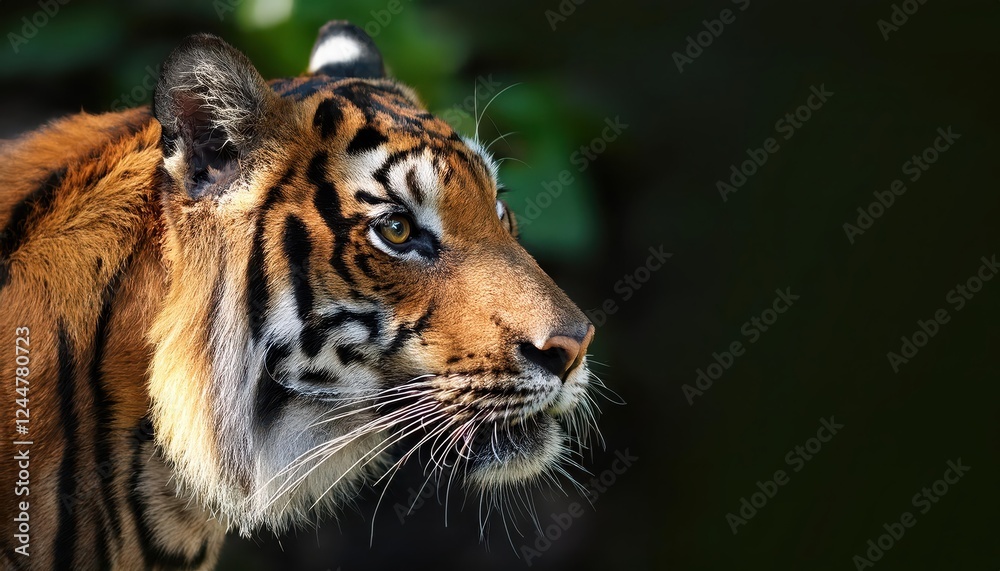Naklejka premium Vigilant Sumatran Tiger Stalking Through the Lush Indonesian Jungle at Dusk, Capturing the Power and Majesty of this Rare Tiger Subspecies in a Hazy Twilight Glow