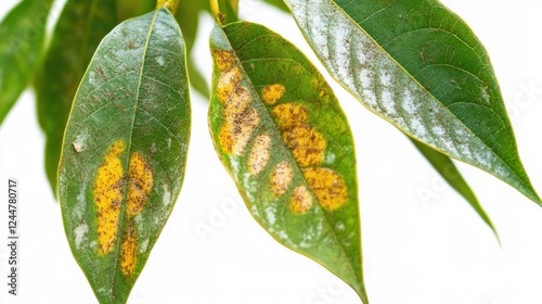 Botanical Ailment: A close-up view showcasing leaves affected by a disease. The leaves exhibit spots, providing a stark contrast to the vibrant green hue.