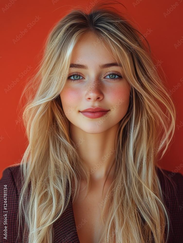 Naklejka premium A woman with blonde hair and a red background