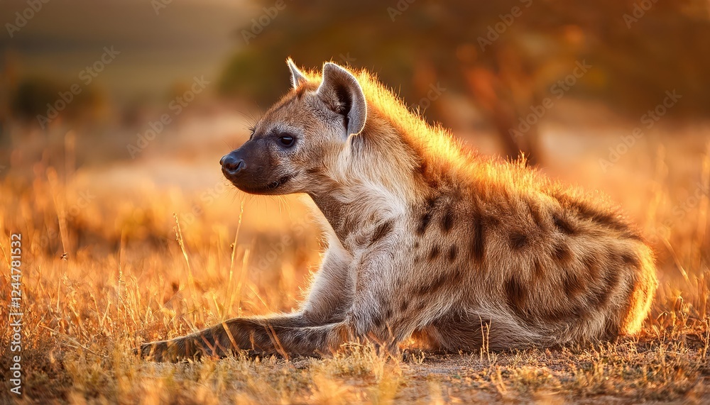 Radiant Moment Spotted Hyena Basking under the African Savannahs Morning Glow, with Dusty Hues and Textured Fur Detailing a Vibrant Wildlife Scene Radiant Moment Spotted Hyena Basking under the African Savannahs Morning Glow, with Dusty Hues and Textured Fur Detailing a Vibrant Wildlife Scene