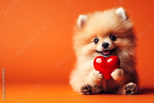 Commercial concept art. Pomeranian - my treasured dog. Cute pomeranian canine with diamond red heart - emblem of love, funny greeting card. Love pets valentine's day. Cute dog photos. Pet lov. photo